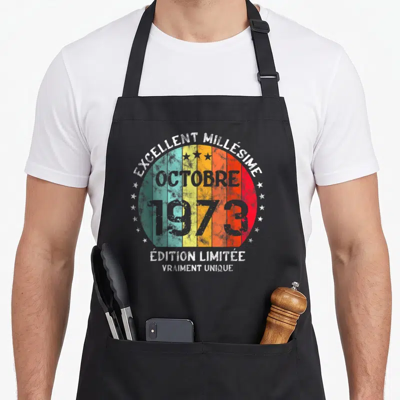 Tablier de cuisine noir avec motif circulaire coloré Excellent Millésime Octobre 1973 « Édition Limitée Vraiment Unique ».