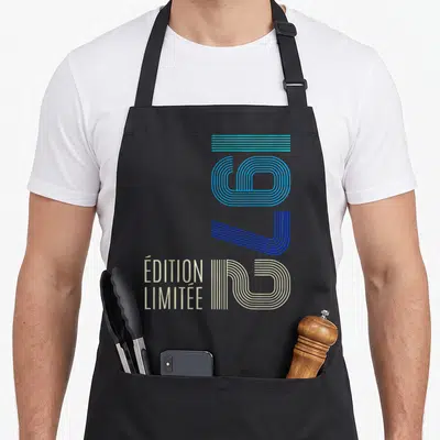 Tablier de cuisine noir avec motif géométrique 50 ans édition limité en bleu et blanc.