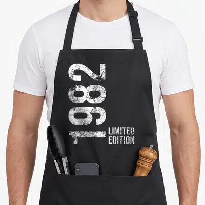 Tablier de cuisine noir avec l'année 2082 imprimée verticalement en blanc texturé et la mention limited edition en bas à droite.