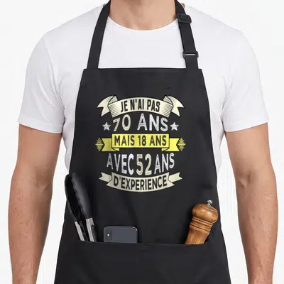 Tablier de cuisine noir avec inscription Je n'ai pas 70 ans mais 18 ans avec 52 ans d'expérience sur bandes décoratives.