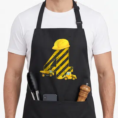 Tablier de cuisine noir avec un grand chiffre 4 jaune orné de bandes diagonales noires, surmonté d'un casque de sécurité et flanqué de deux engins de construction jaunes.