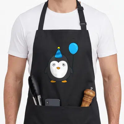 Tablier de cuisine noir avec pingouin portant une casquette de fête bleue et tenant un ballon bleu vif.