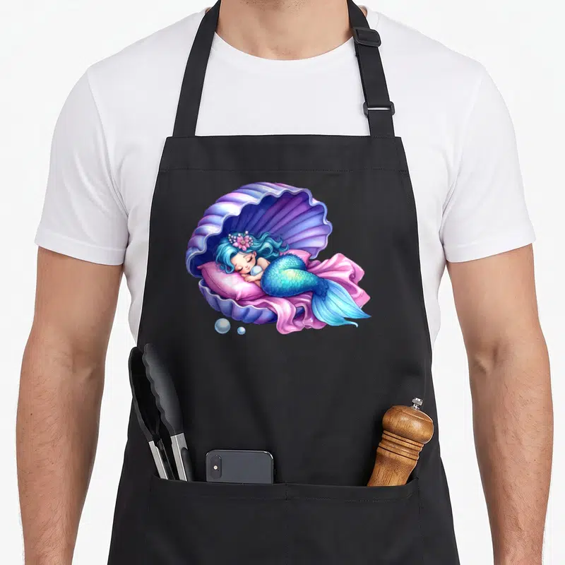 Tablier de cuisine noir avec une sirène aux cheveux bleus dormant sur un coussin rose à l'intérieur d'une grande coquille nacrée.
