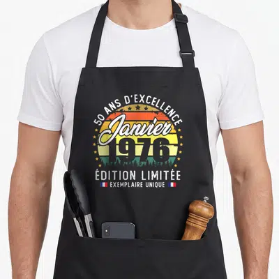 Tablier de cuisine noir avec motif vintage 50 ans d'excellence janvier 1976 « édition limitée » « exemplaire unique ».