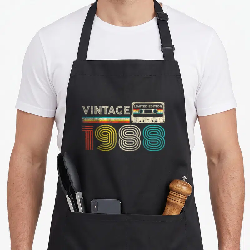Tablier de cuisine noir avec illustration cassette vintage 1988 et texte limited edition multicolore