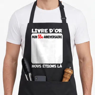 Tablier de cuisine noir avec inscription Livre d'or Mon 55e Anniversaire Nous étions là en blanc et rouge.