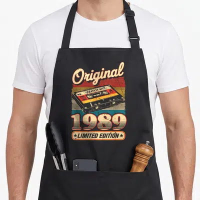 Tablier Original 1989 Vintage Anniversaire 36 Ans pour Hommes Femmes — sur un tablier de cuisine noir, fond blanc