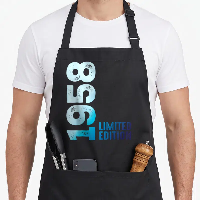 Tablier de cuisine noir avec le chiffre 1958 en bleu clair et Limited Edition en bleu foncé.