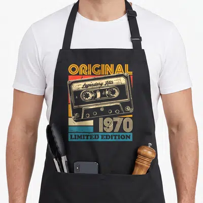 Tablier de cuisine noir avec illustration de cassette audio vintage et texte Original 1970 Limited Edition
