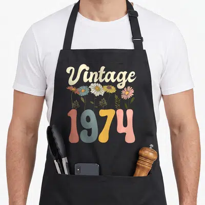 Tablier de cuisine noir avec l'inscription Vintage 1974 et des fleurs colorées au design rétro.