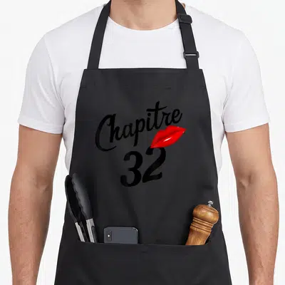 Tablier de cuisine noir avec inscription Chapitre 32 ans et illustration de lèvres rouges brillantes