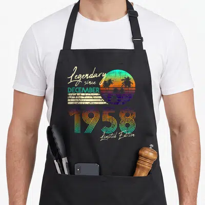 Tablier de cuisine noir avec motif rétro couleur arc-en-ciel et texte Légendaire since December 1958 Limited Edition