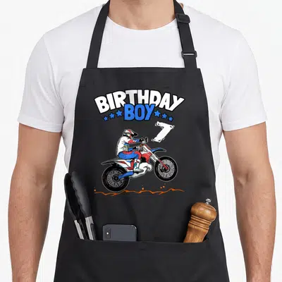 Tablier de cuisine noir avec illustration de pilote de moto tout-terrain et texte anniversaire Boy 7 ans.