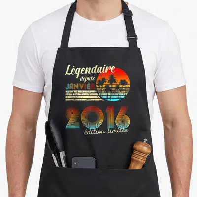 Tablier de cuisine noir avec motif rétro Soleil 2016 Légendaire Edition Limitée palmiers et texte coloré