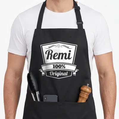 Tablier de cuisine noir avec un blason blanc affichant le nom Remi et la mention 100% Original au centre.