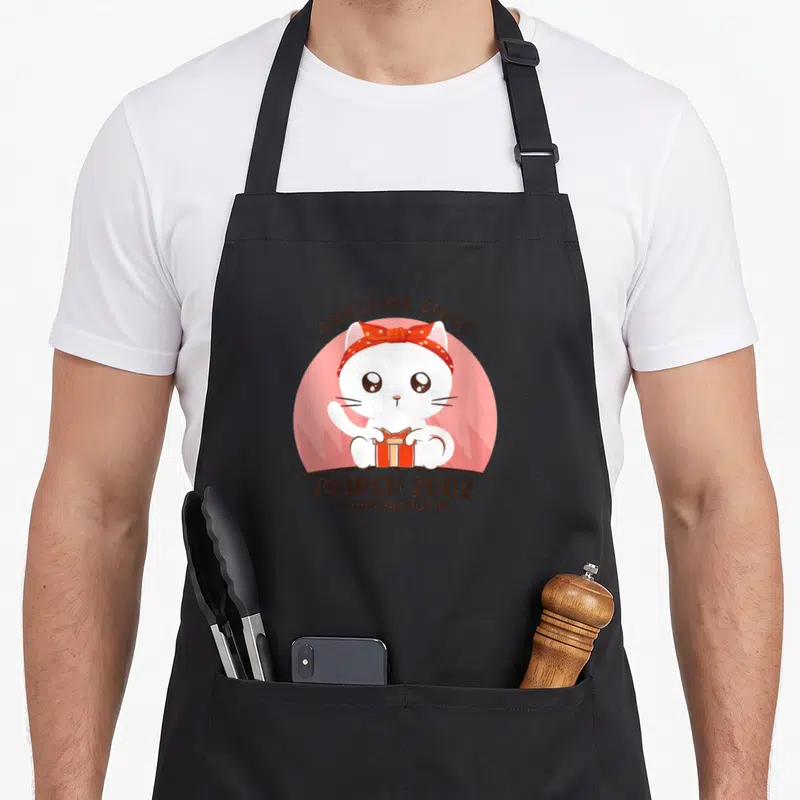 Tablier de cuisine noir avec chat blanc tenant un cadeau rose et texte « Génial depuis Mars 2002 »