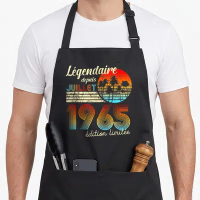 Tablier de cuisine noir avec motif rétro Soleil couchant palmiers 1965