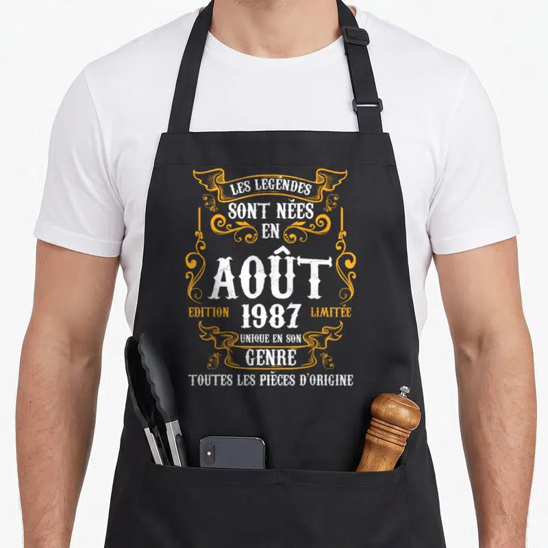 Tablier de cuisine noir avec inscription Les Légendes Sont Nées Août 1987 Edition Limitée Unique En Son Genre Toutes Les Pièces D'Origine.