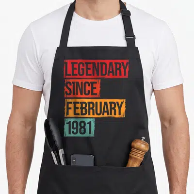 Tablier de cuisine noir avec inscription Légendary Since February 1981 sur bandes colorées rouges et oranges.