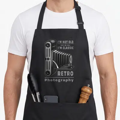 Tablier de cuisine noir avec illustration caméra pliante vintage et texte I'm not old I'm classic 1981