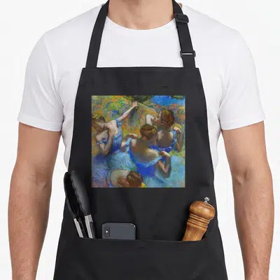 Tablier de cuisine noir avec une illustration de quatre ballerines en bleu dans un style impressionniste coloré.