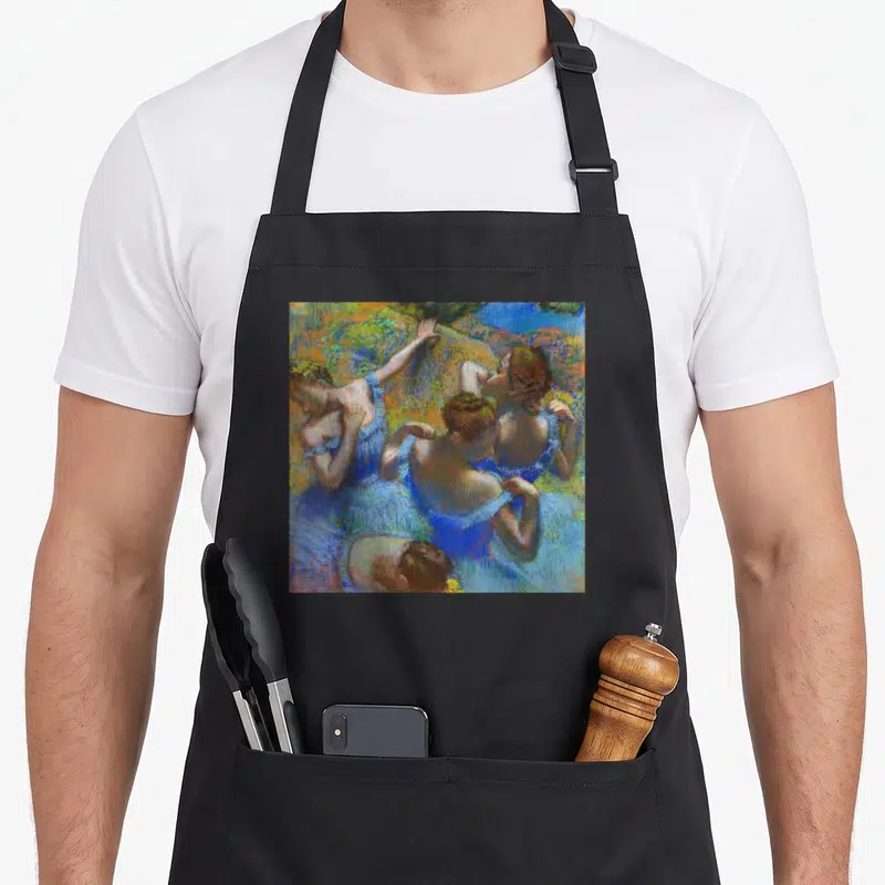 Tablier de cuisine noir avec une illustration de quatre ballerines en bleu dans un style impressionniste coloré.