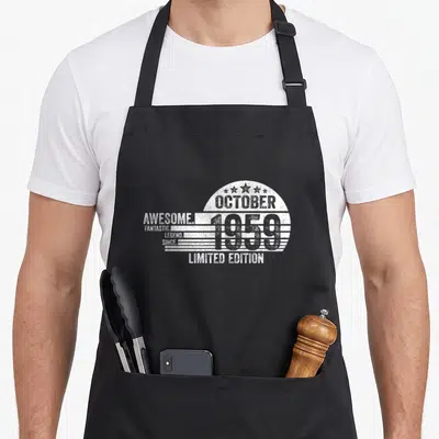 Tablier de cuisine noir avec inscription « Génial Octobre 1959 » et étoiles en blanc.