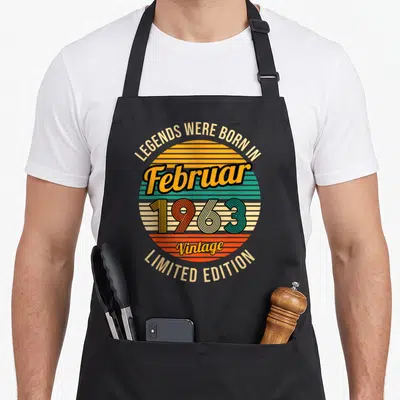 Tablier de cuisine noir avec motif circulaire rétro coloré et texte festif célébrant unième anniversaire.