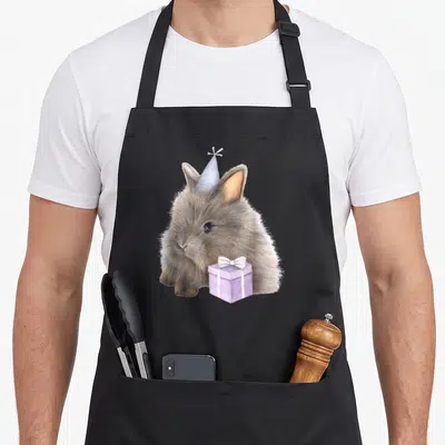 Tablier de cuisine noir avec illustration d'un lapin moelleux portant une casquette et tenant un petit cadeau violet.