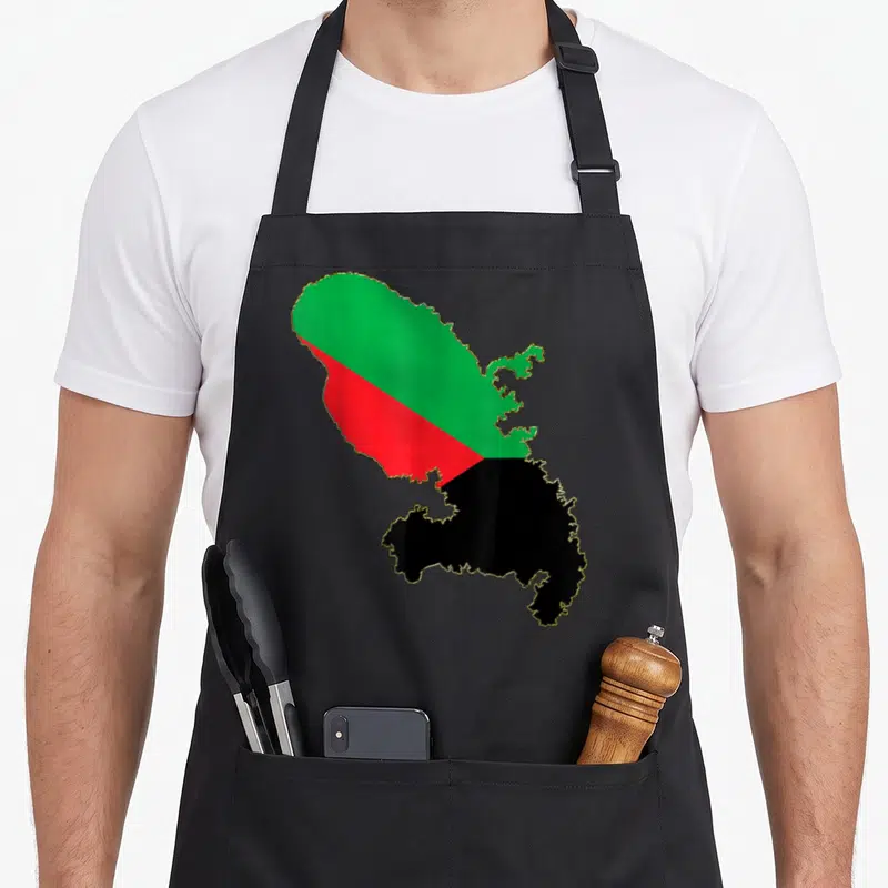 Tablier de cuisine noir avec le drapeau Martinique vert rouge et noir dessiné selon la silhouette de l'île.