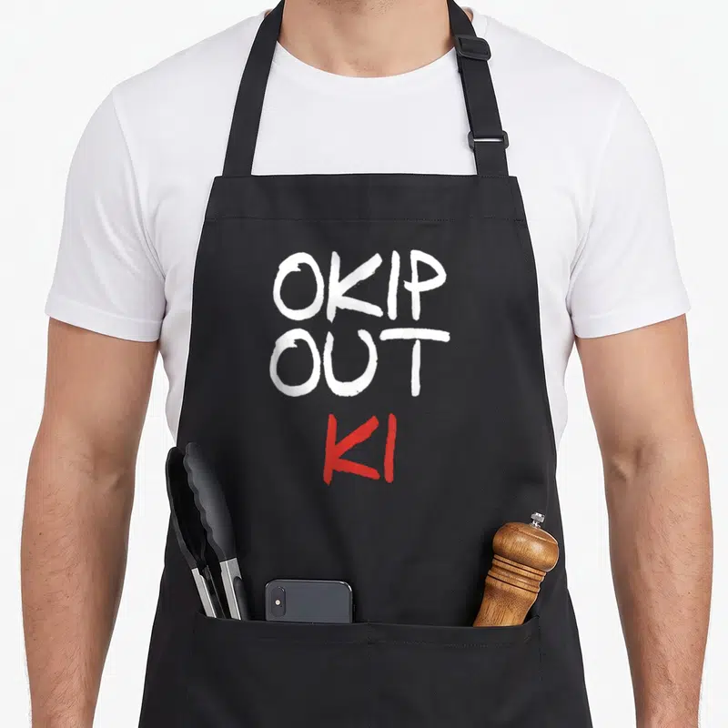 Tablier de cuisine noir avec les mots Okip Out Ki écrits en blanc et rouge au centre du torse.