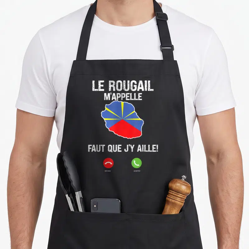 Tablier de cuisine noir avec une carte de la Réunion aux couleurs du drapeau et des boutons acceptez ou refusez imprimés en blanc.