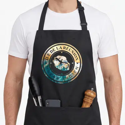 Tablier de cuisine noir avec un logo circulaire illustrant l'île de la Réunion au milieu de l'Ocean Indien.