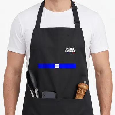 Tablier de cuisine noir avec inscription Picole Nationale et bande bleue horizontale blanche au centre.