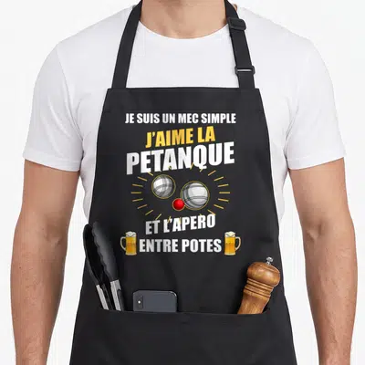 Tablier de cuisine noir avec inscription Je suis un mec simple J'aime la pétanque et l'apéro entre potes et illustrations de bières.