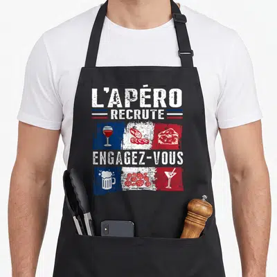 Tablier de cuisine noir avec inscription L'apéro recrute engagez-vous et illustrations de boissons et charcuterie sur fond tricolore.