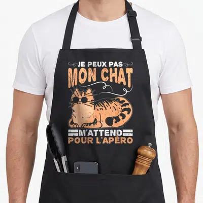 Tablier de cuisine noir avec un chat orange aux lunettes de soleil et le texte Je peux pas mon chat m'attend pour l'apéro.