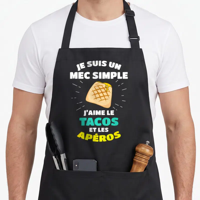 Tablier de cuisine noir avec illustration de taco et texte blanc tacos apéros en lettres colorées