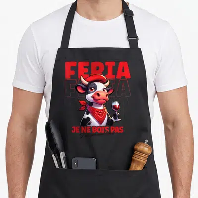Tablier de cuisine noir avec un taureau cartoon portant une beret rouge et tenant un verre de vin rouge.