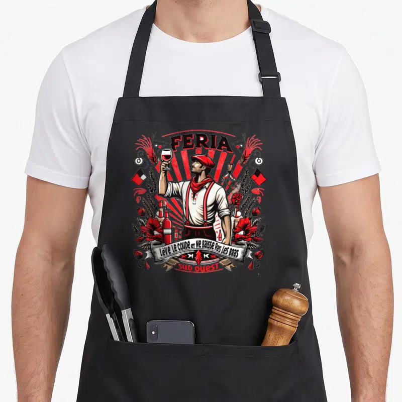 Tablier de cuisine noir avec illustration d'un homme en béret levant un verre de vin rouge entouré de fleurs et de drapeaux.