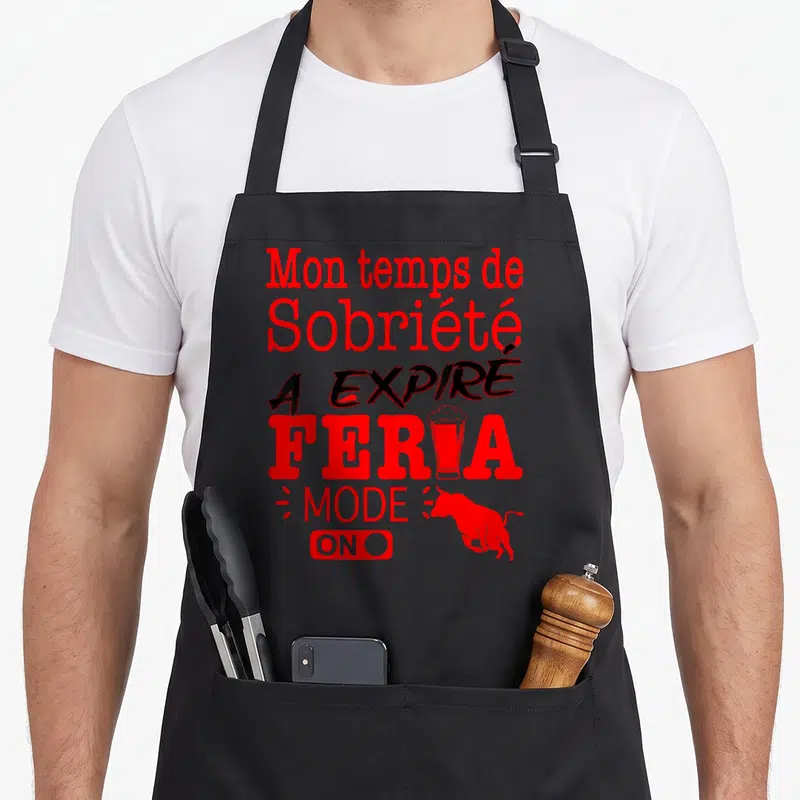 Tablier de cuisine noir avec inscription rouge Mon temps de Sobriété a expiré Feria Mode On et silhouette de taureau.