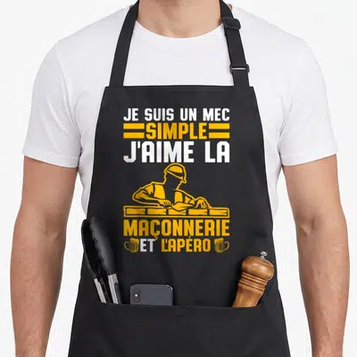 Tablier de cuisine noir avec silhouette orange de maçon et texte blanc sur fond uni