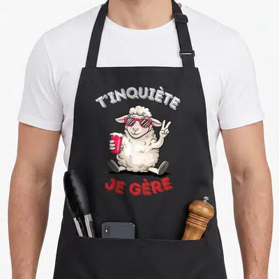Tablier de cuisine noir avec mouton portant des lunettes roses et tenant une canette rose, texte T'inquiète Je Gère imprimé en blanc et rouge.
