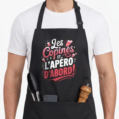 Tablier de cuisine noir avec inscription Les Copines et l'Apéro d'Abord en rose et blanc entouré de verres à cocktail stylisés.