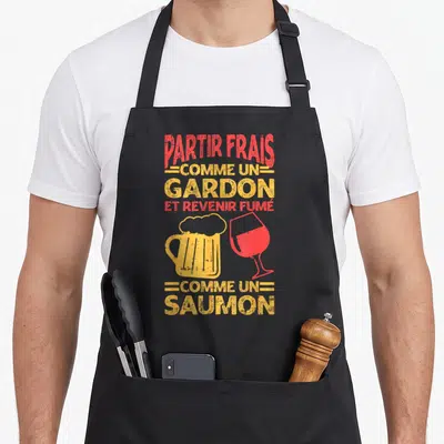 Tablier de cuisine noir avec l'inscription Partir Frais Comme Un Gardon et illustrations de bière et de vin.
