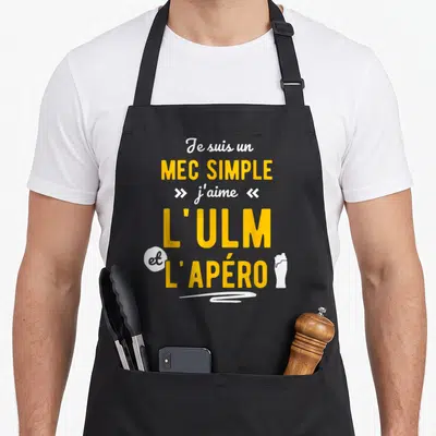 Tablier de cuisine noir avec inscription mec simple j'aime l'ULM et l'apéro et silhouette verre de bière.