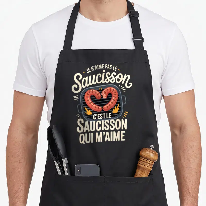 Tablier de cuisine noir avec illustration de saucisses en forme de cœur sur un gril et texte humoristique.