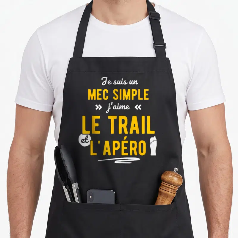 Tablier de cuisine noir avec inscription mec simple j'aime le trail et l'apéro et icône de verre de bière.