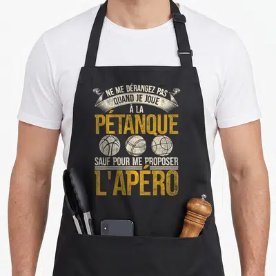 Tablier de cuisine noir avec inscription vintage Ne me dérangez pas quand je joue à la pétanque sauf pour me proposer l'apéro