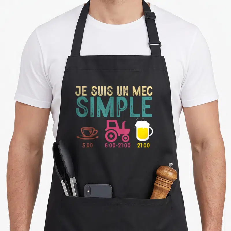Tablier de cuisine noir avec inscription Je suis un mec simple et icônes tracteur bière café
